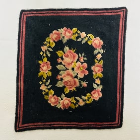 Dollhouse Miniatures, Black Floral Needlepoint Rug