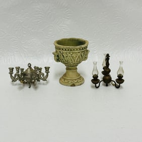 Dollhouse Miniatures, Two Chandeliers and Pedestal Planter