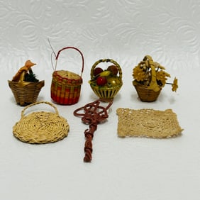 Group of Dollhouse Miniature Woven Baskets, Food and Crochet