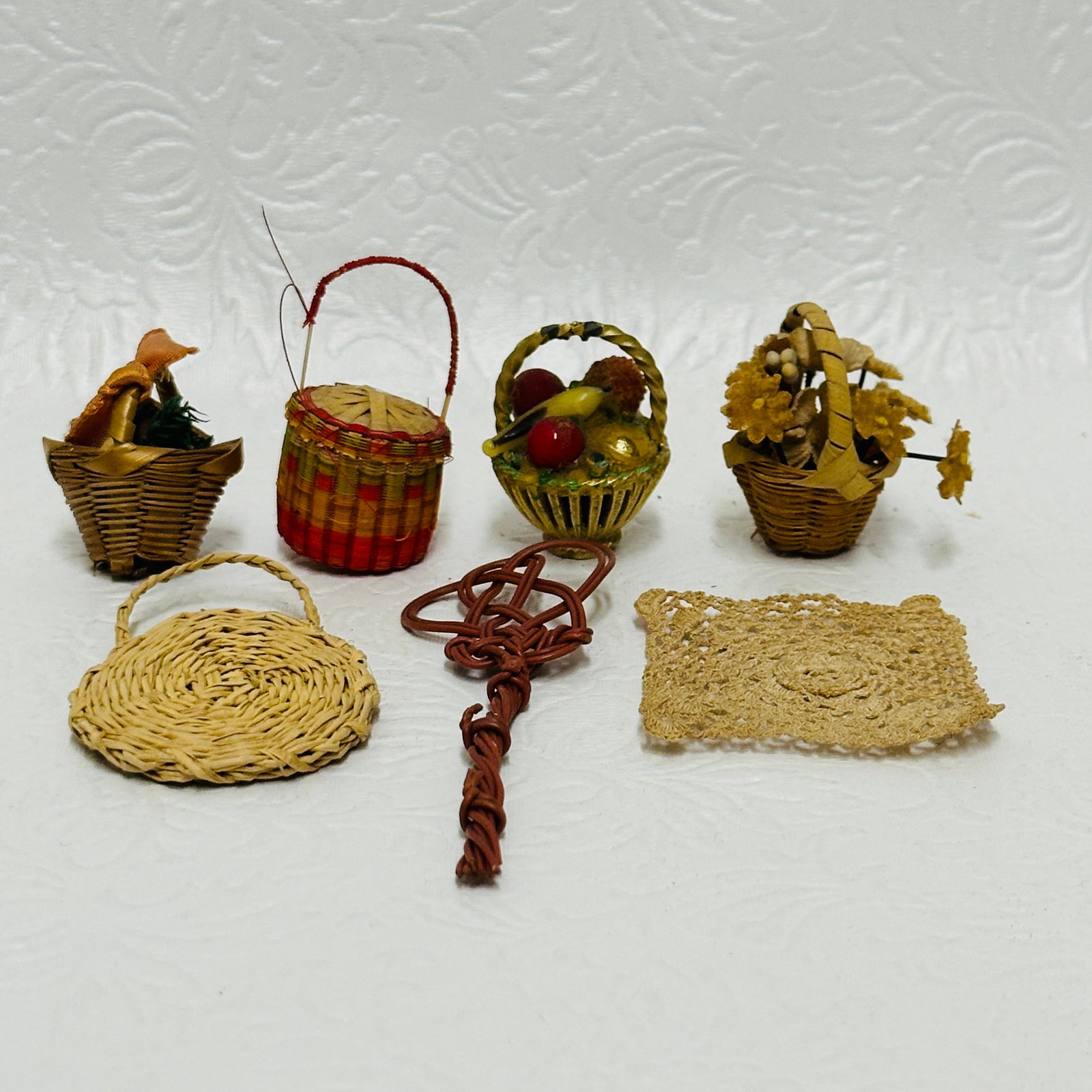 Group of Dollhouse Miniature Woven Baskets, Food and Crochet (1 of 7)