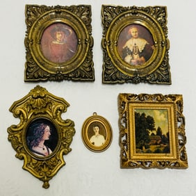 Gilt Framed Dollhouse Miniature Portraits and Landscape