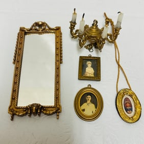 Gilt Framed Pier Mirror, Chandelier and Framed Portraits