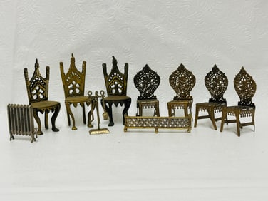 Grouping of Brass Chairs and Fireplace Fender