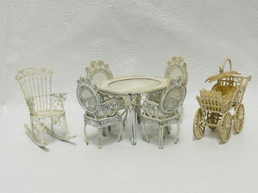 White Wire Wicker Furniture and Doll Carriage