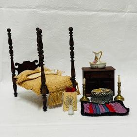 Hand Crafted Four Poster Bed, Candlesticks  and Commode