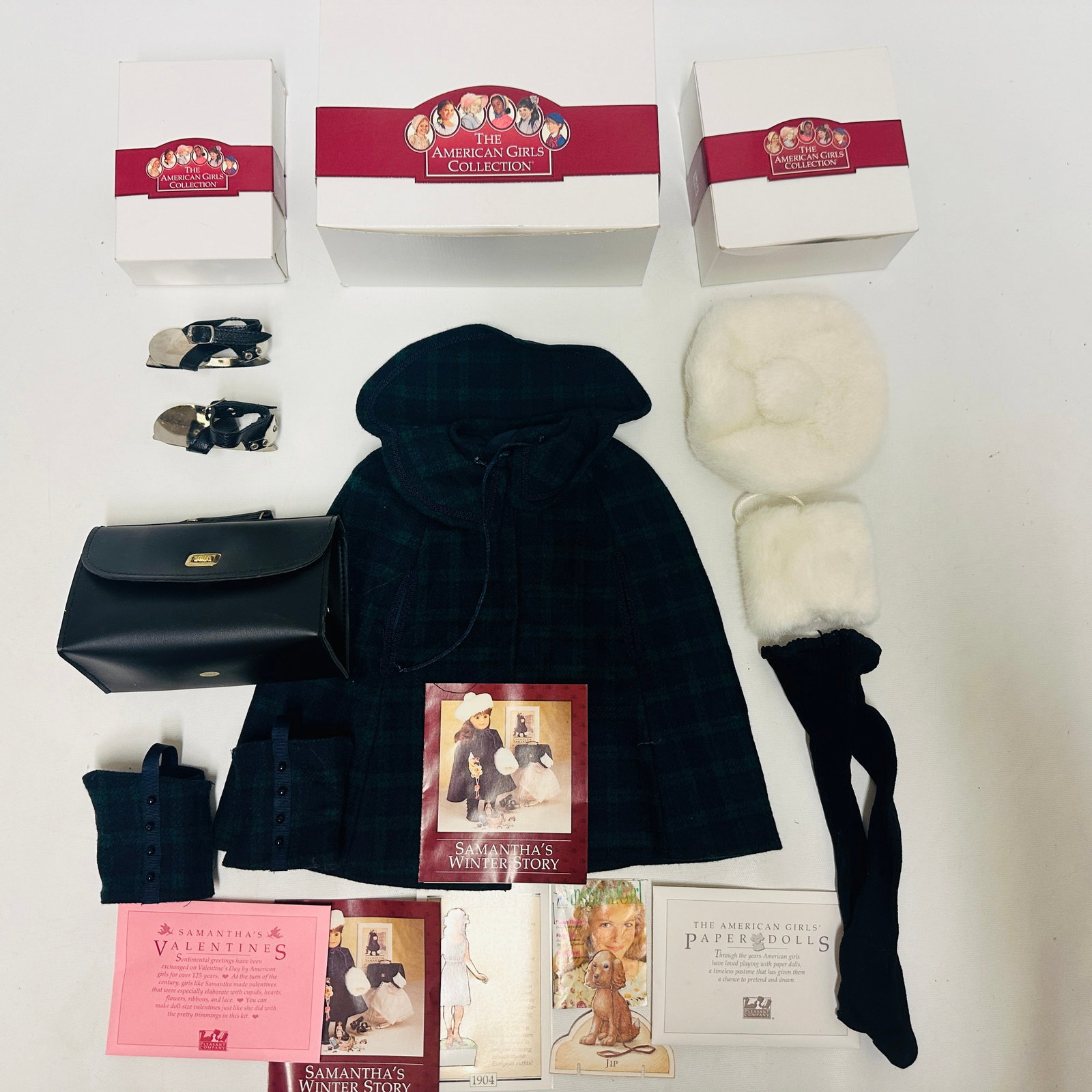 American Girl Doll Samantha Plaid Cape, Ice Skates and Valise: American Girl Doll Samantha Plaid Cape, Ice Skates and Valise ------------------ please review all pictures carefully because they are part of the description and show condition issues if any --------