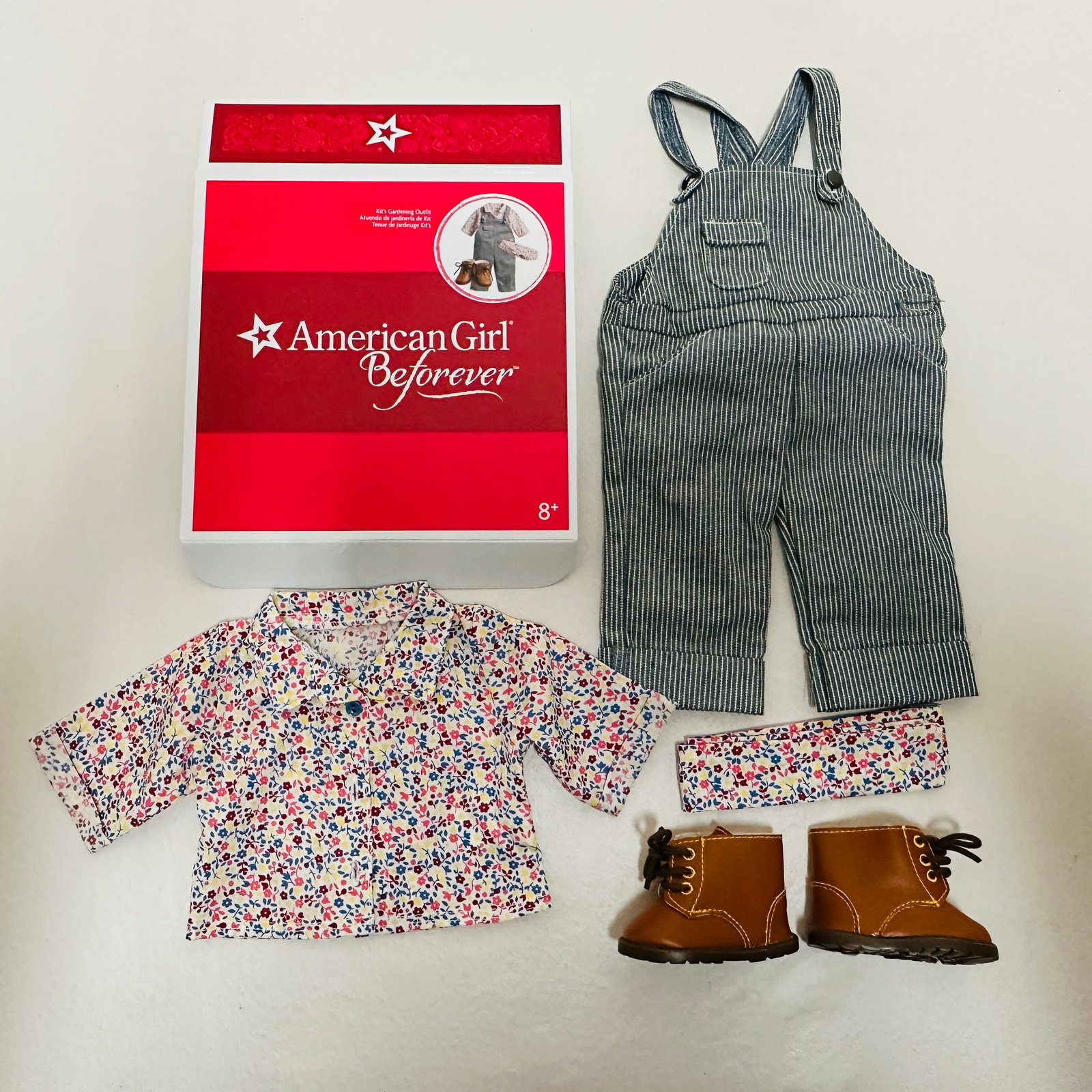 American Girl Doll Kit Gardening Outfit: American Girl Doll Kit Gardening Outfit ------------------ please review all pictures carefully because they are part of the description and show condition issues if any ------------------ please cons