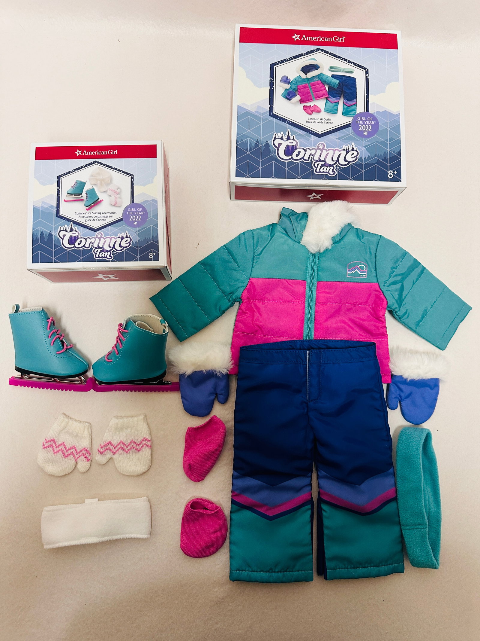 American Girl Doll Corinne Ski Outfit and Ice Skating Accessories: American Girl Doll Corinne Ski Outfit and Ice Skating Accessories ------------------ please review all pictures carefully because they are part of the description and show condition issues if any ----