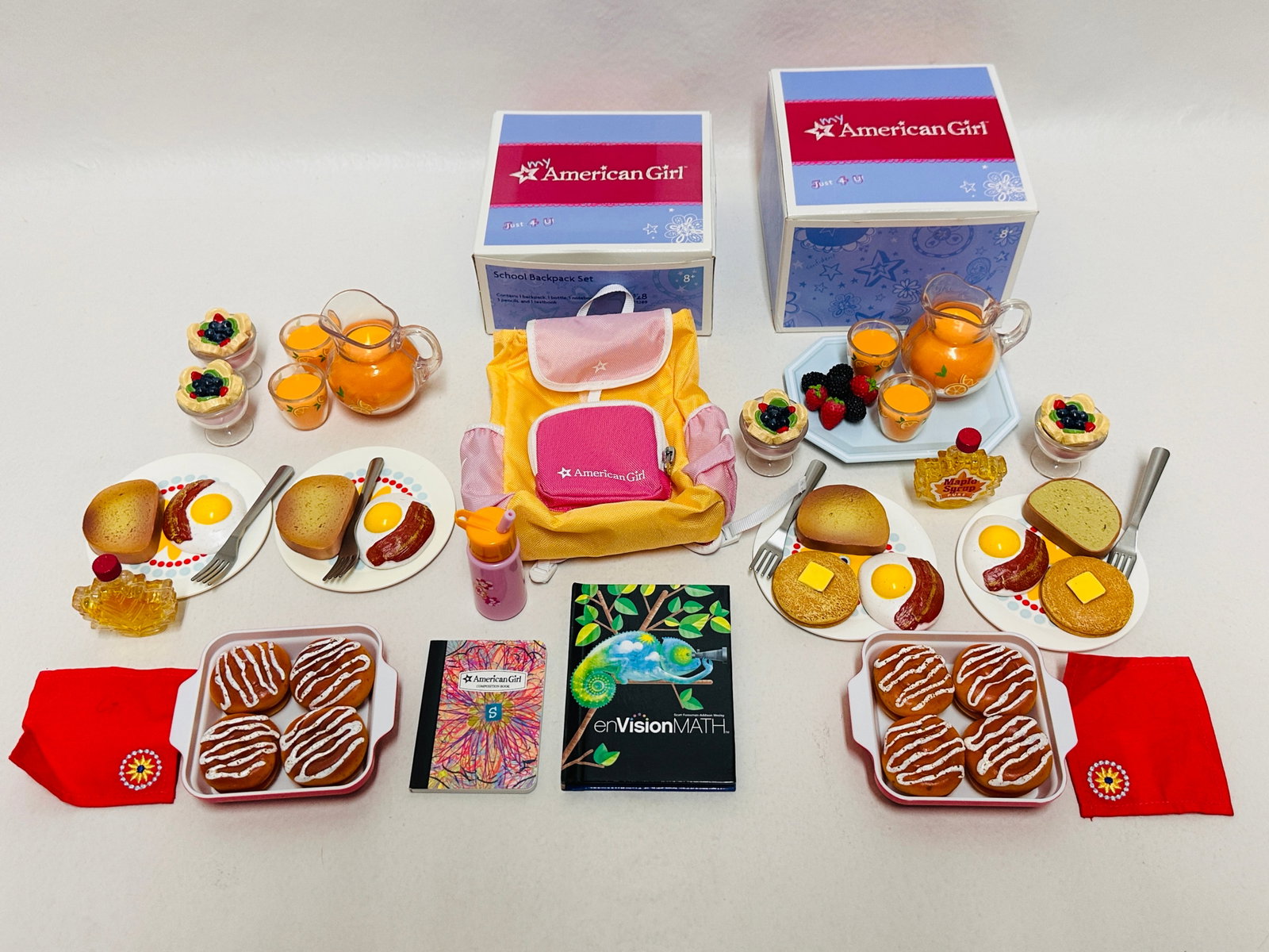 American Girl Doll Delicious Breakfast and School Backpack Grouping: American Girl Doll Delicious Breakfast and School Backpack Grouping ------------------ please review all pictures carefully because they are part of the description and show condition issues if any --