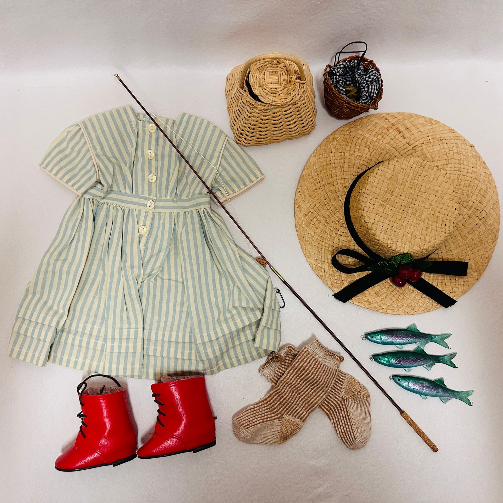 American Girl Doll Kirsten Summer Dress, Straw Hat and Fishing Gear (1 of 9)