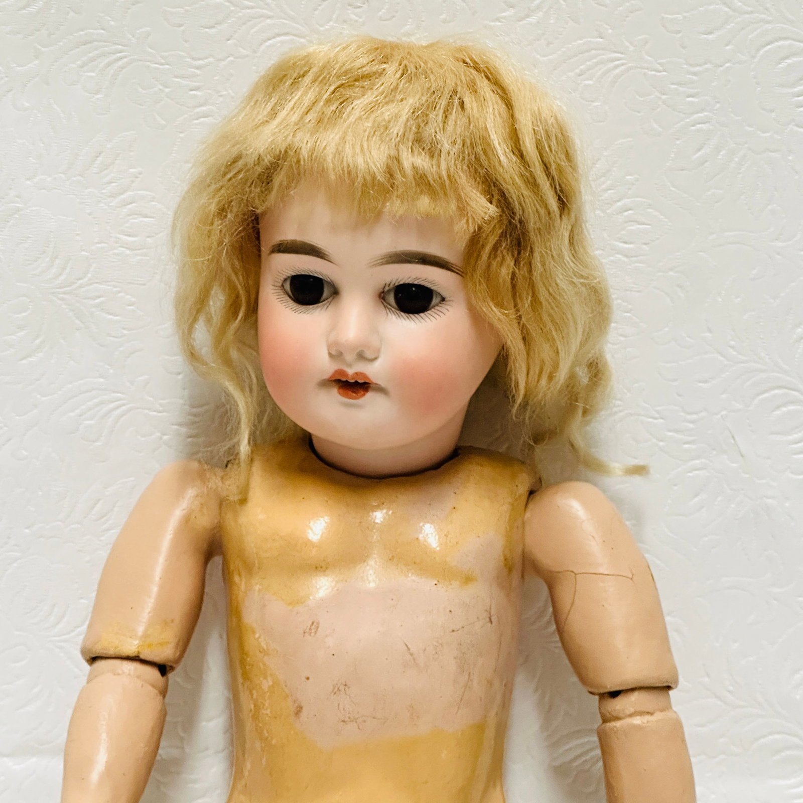 Antique German Armand Marseille DEP Doll: Antique German Armand Marseille DEP Doll, Add Mark 1894 AM 30 DEP, some finish loss on torso of wood and compo body, nice original blonde mohair wig, pretty mouth with four teeth, brown sleep eyes ---