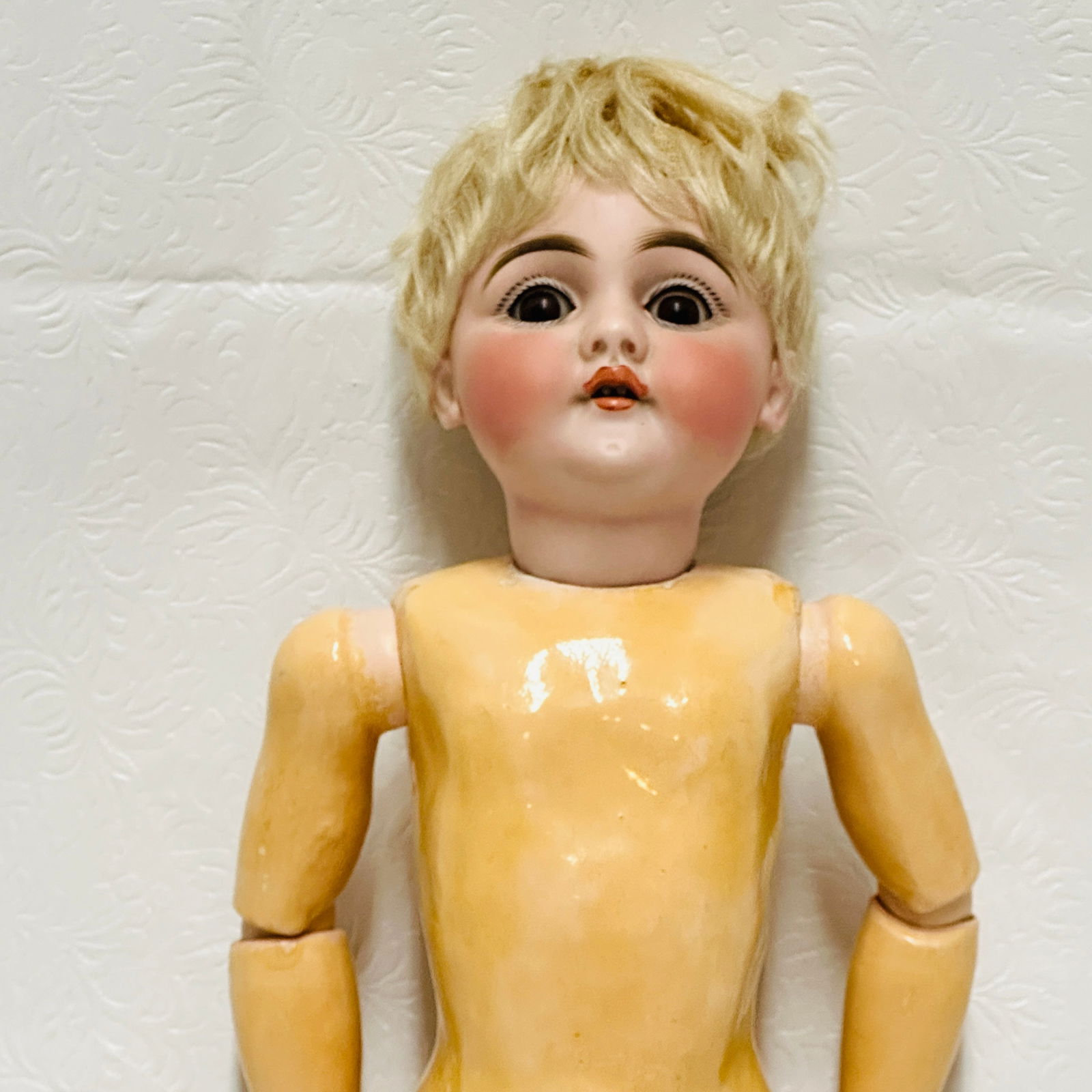 German Antique Bisque Character Socket Head Doll: German Antique Bisque Character Socket Head Doll, Sweet faced boy with high color painting, pouty open mouth with teeth, dark brown sleep eyes, with original Head unmarked but could be Kestner. Origin