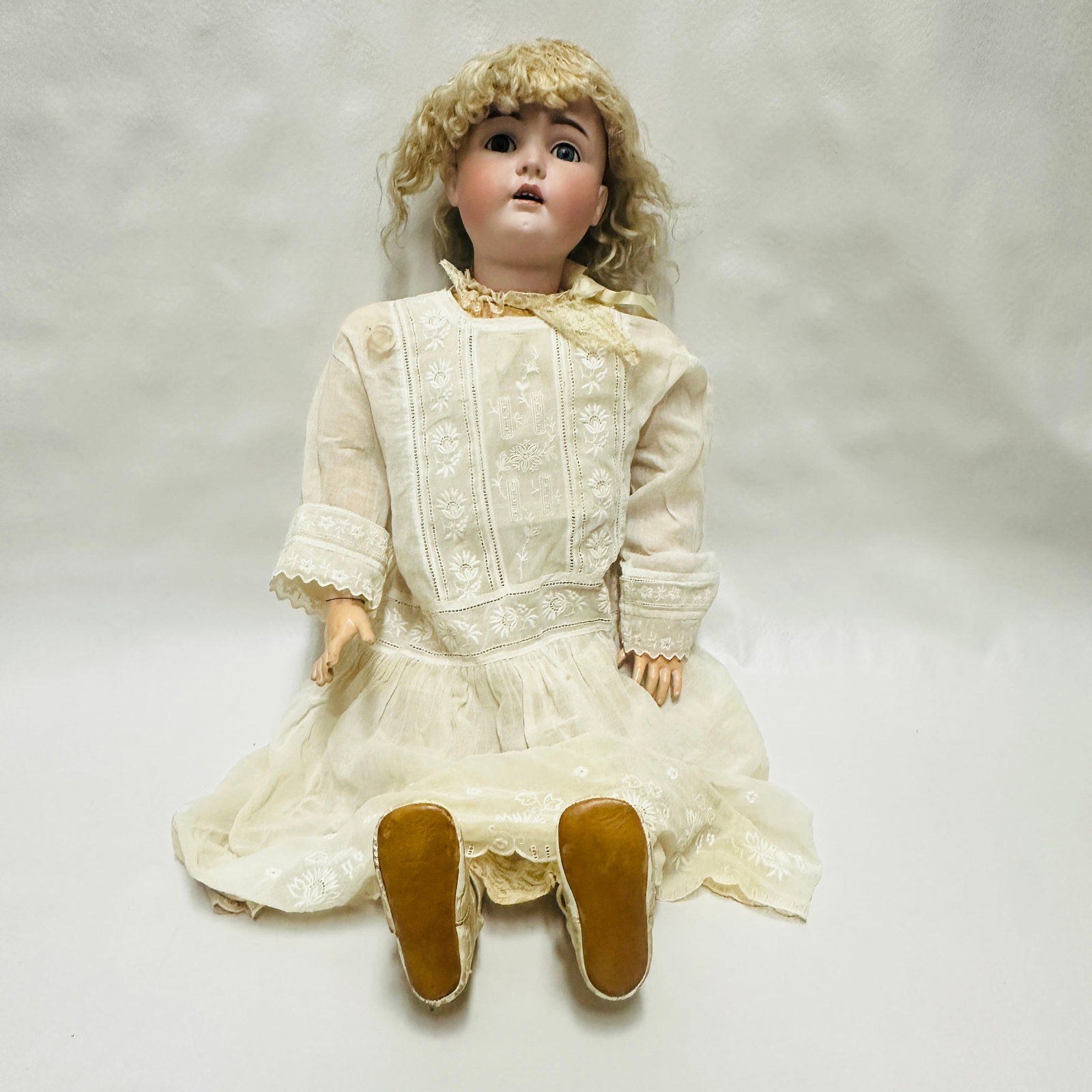 Rare German Child Size Bisque Head 171 Doll: Rare giant size doll mold 171 , blue sleep eyes, heart shaped mouth with four upper teeth, some paint loss on face, chin dimple, blonde mohair wig and plaster pate, original body finish on compo and w