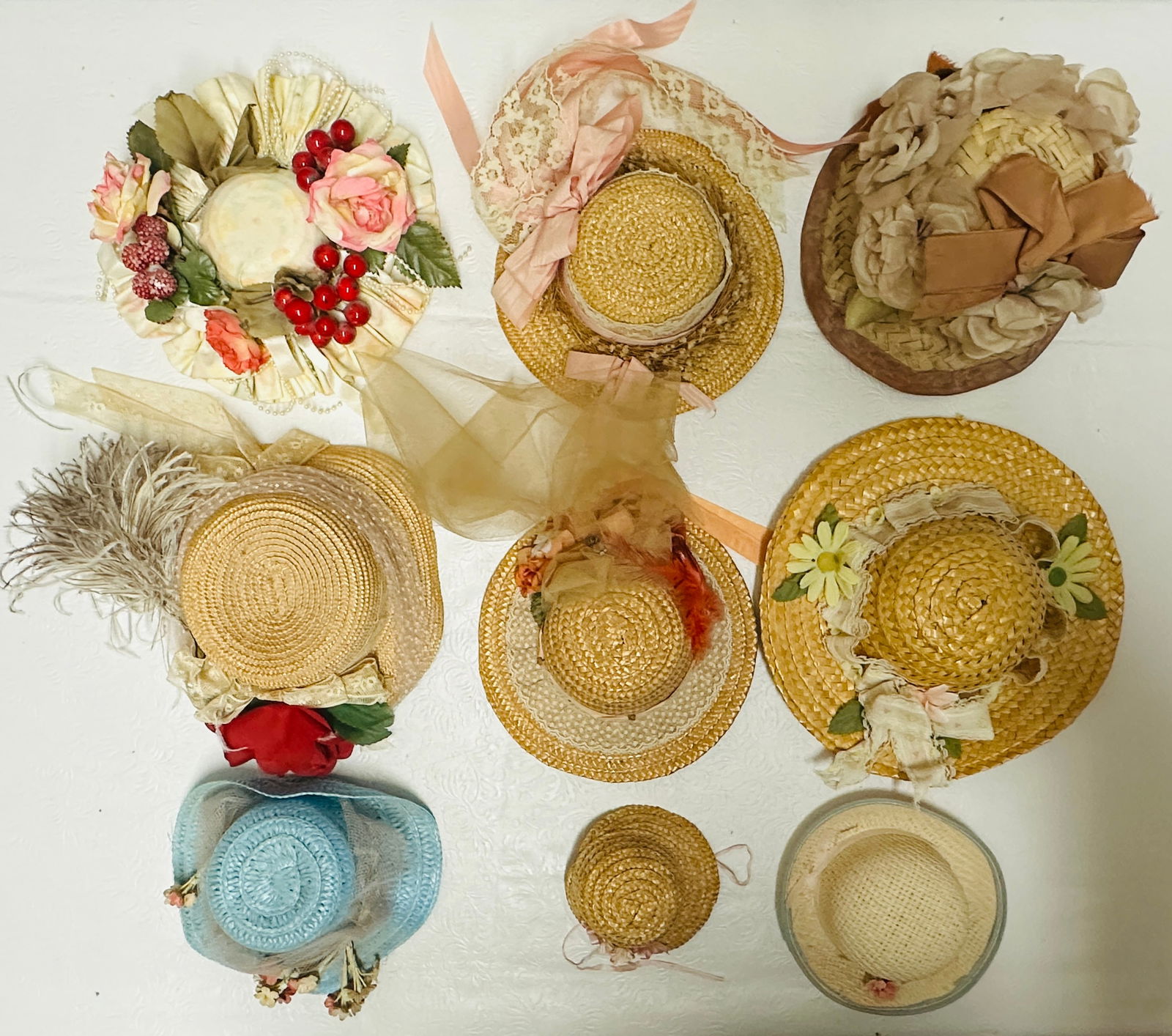 Grouping of Woven Floral decorated Doll Hats (1 of 12)
