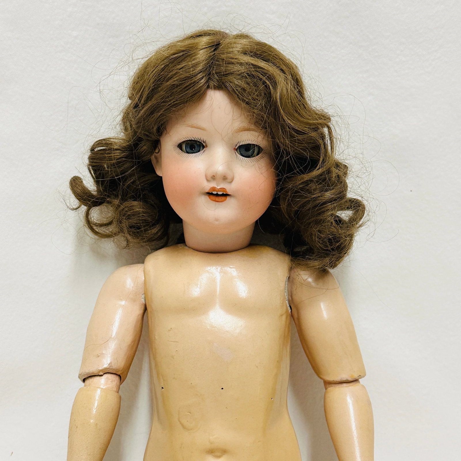 Antique German Armand Marseille 390 Doll: Blue sleep eyes and open mouth with four teeth, replaced wig,on compo and wood body with original finish, Antique German Armand Marseille 390 Doll ------------------ please review all pictures careful