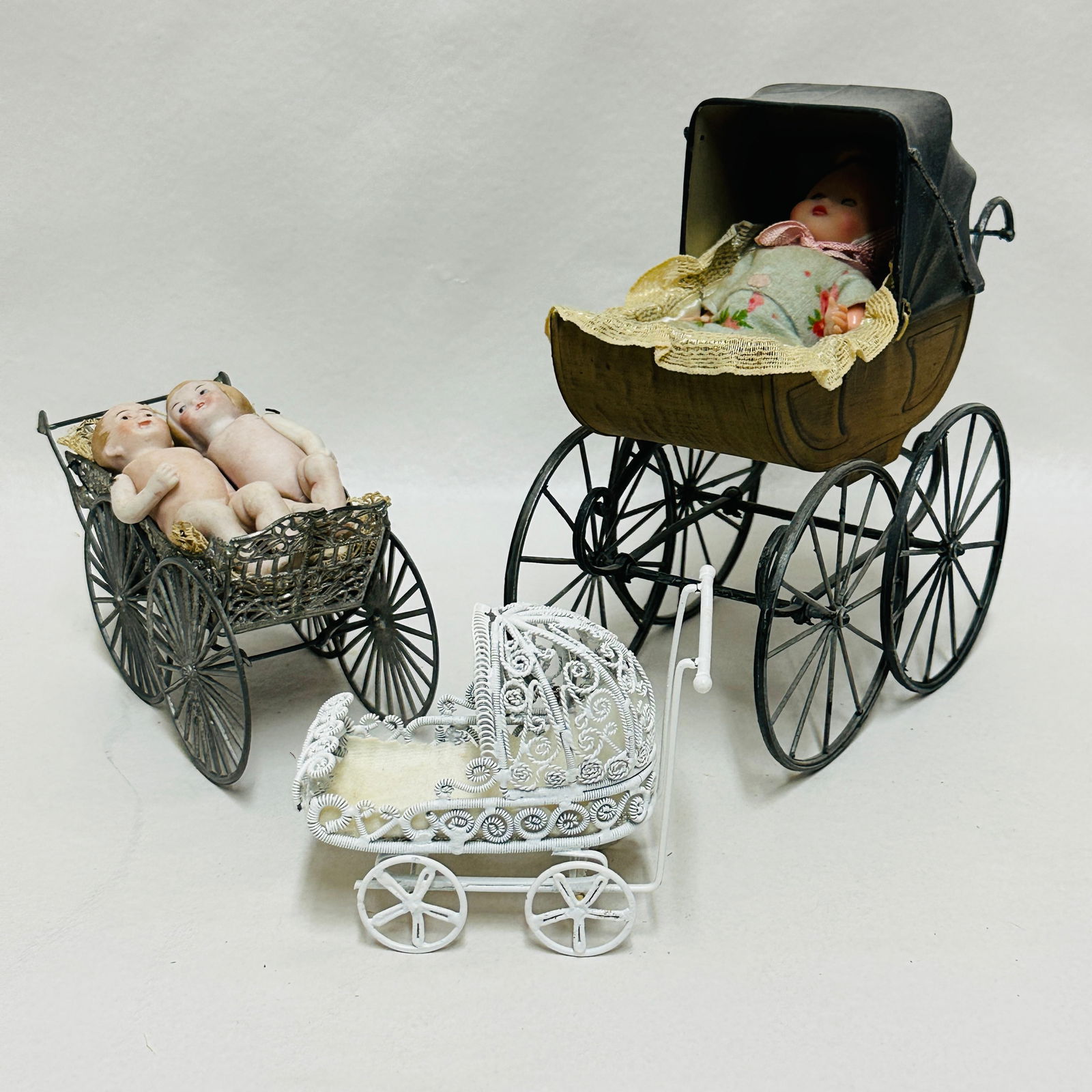 Three Doll Buggys incl. Antique German Carriage with two All Bisque baby dolls (1 of 20)