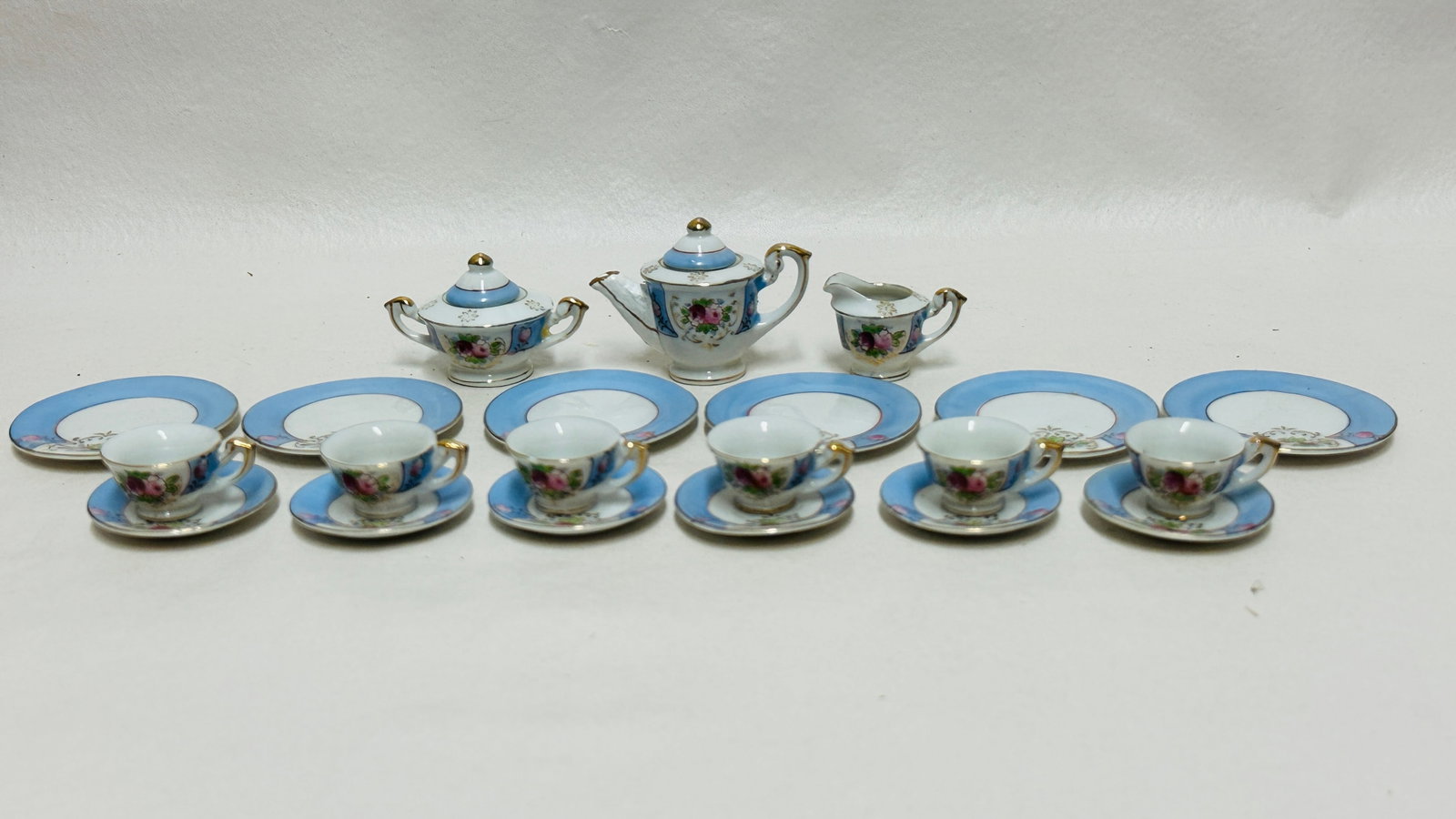 Japanese Porcelain Dollhouse Tea Set with Box: Japanese Porcelain Dollhouse Tea Set with presentation Box ------------------ please review all pictures carefully because they are part of the description and show condition issues if any -----------