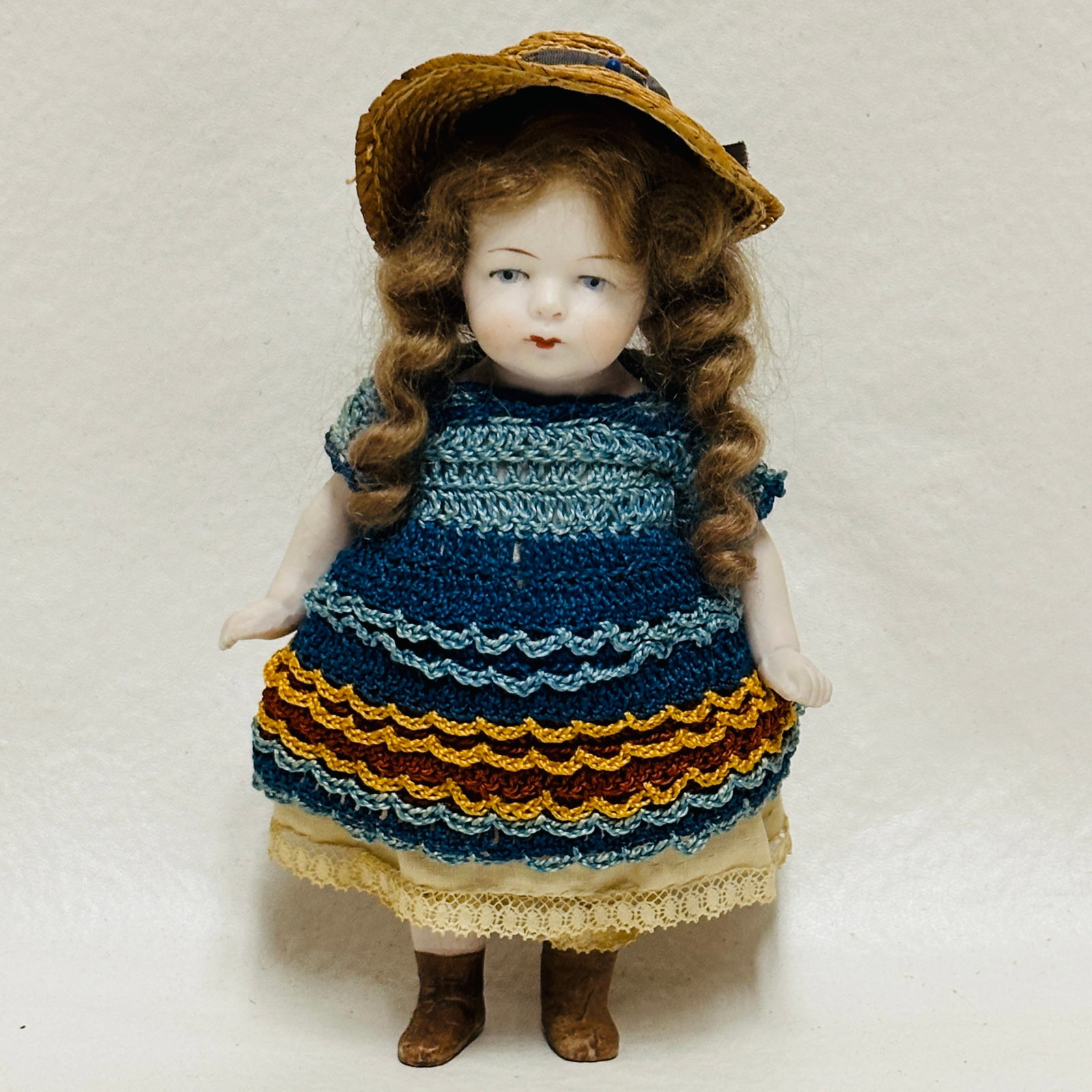 All Bisque Doll in crochet dress: Painted eyes, closed mouth, painted shoes, original wig and hat, mommy made crochet dress, All Bisque Doll in crochet dress ------------------ please review all pictures carefully because they are par
