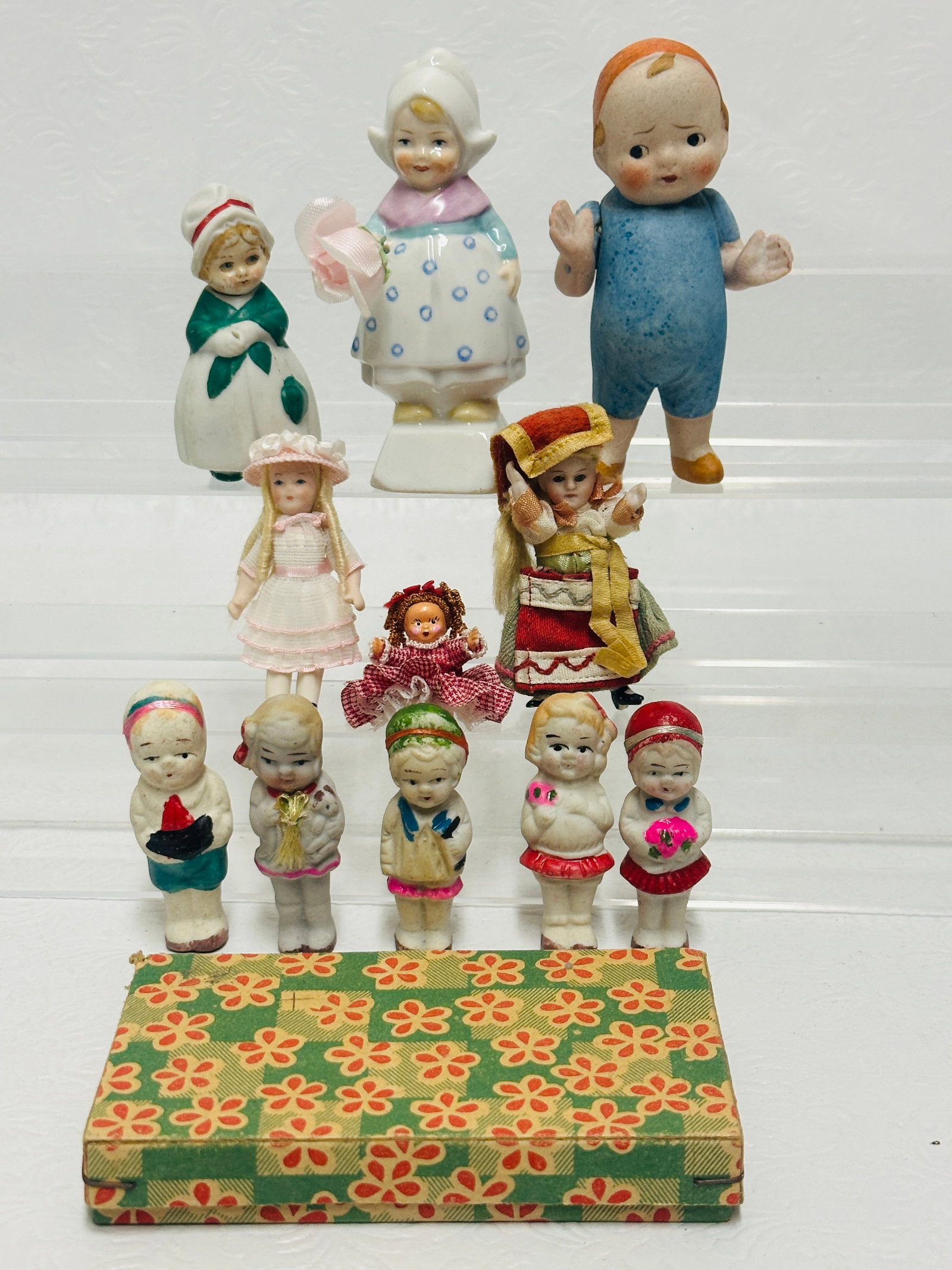 Collection of painted all bisque Dolls: Various eras, including one googly Japanese made, Collection of painted all bisque Dolls ------------------ please review all pictures carefully because they are part of the description and show condi