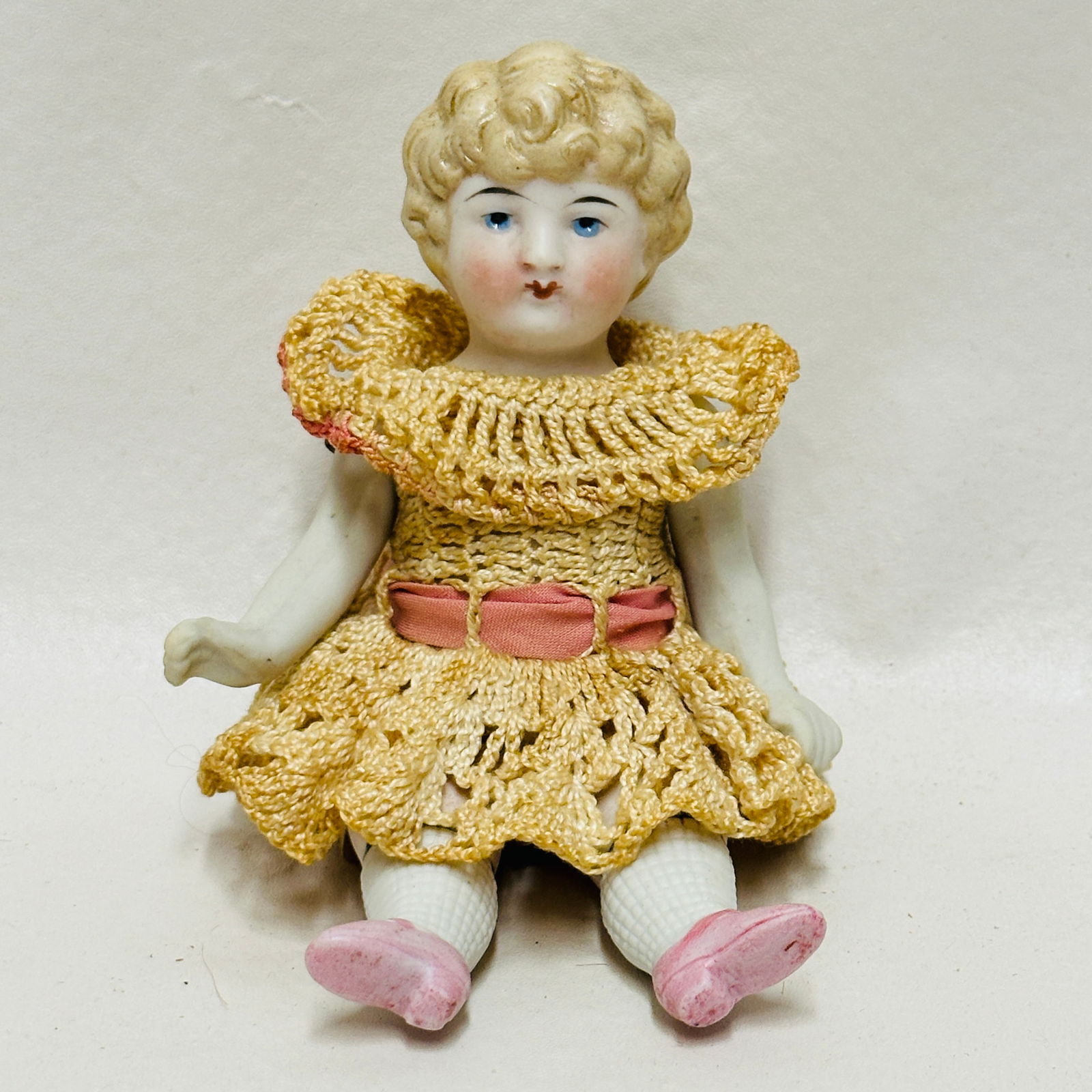 All Bisque Doll in crochet dress: Painted socks and shoes with stripe, commercially made flapper dress, All Bisque Doll in crochet dress ------------------ please review all pictures carefully because they are part of the description