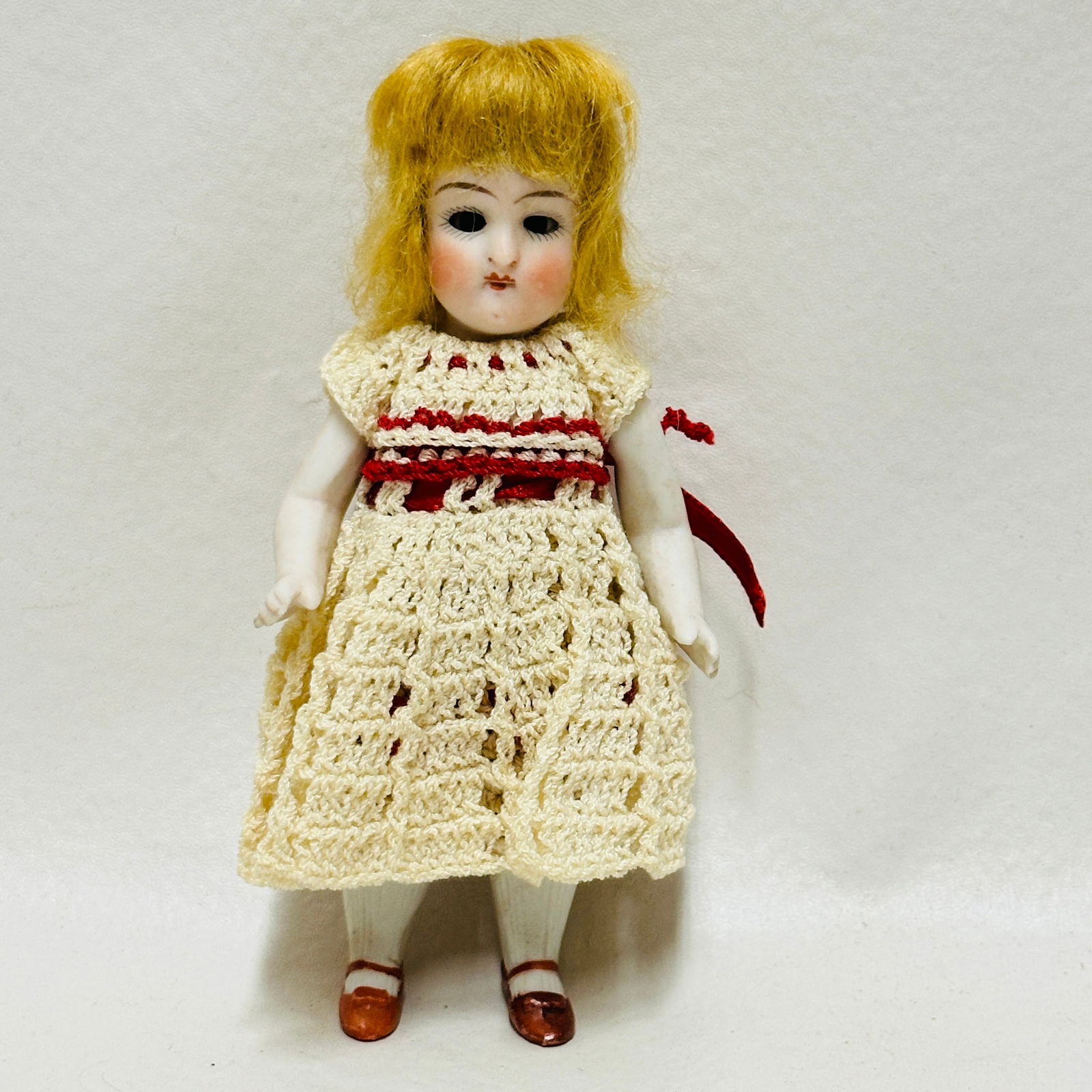 All Bisque Doll in crochet dress, marked G343: Dark blue sleep eyes, closed mouth, painted socks and shoes, original mohair wig, lovely original costume, marked G343, All Bisque Doll in crochet dress ------------------ please review all pictures c
