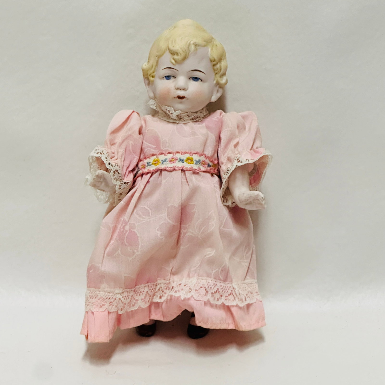 Painted All Bisque Doll: Maybe Kestner, Painted eyes, closed mouth, painted hair, shoes and socks with stripe, mommy made costume, Painted All Bisque Doll ------------------ please review all pictures carefully because they a
