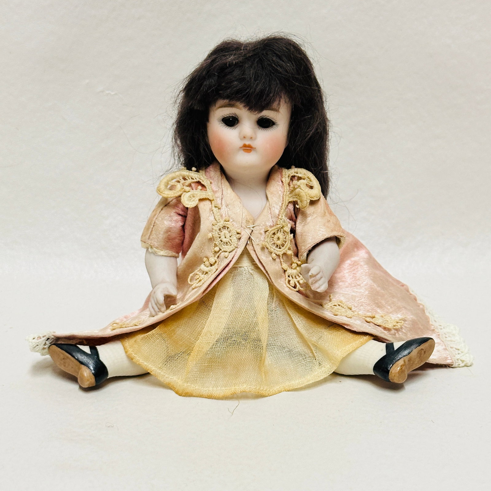 Kestner All Bisque Doll: Kestner dark brown sleep eyes open closed mouth, painted shoes and socks with stripes, original mohair wig, antique costume, Antique All Bisque Doll ------------------ please review all pictures caref