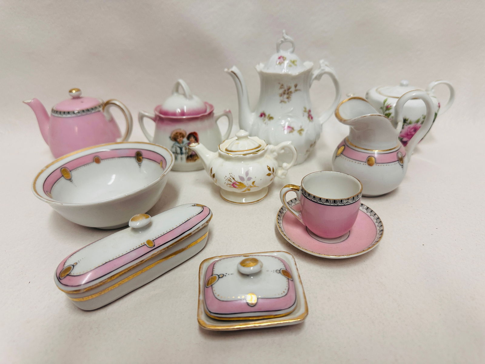 Porcelain Pink and White Doll size Tea Set Grouping (1 of 11)