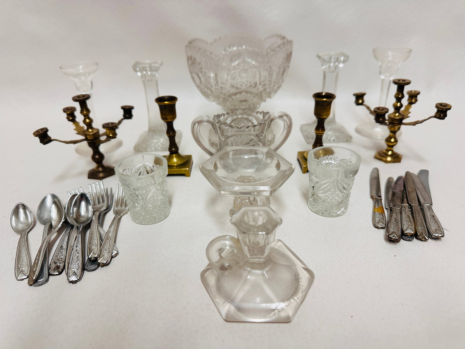 Doll size Glassware, Brass Candleholders and Flatware: Doll size Glassware, Brass Candle holders and Flatware ------------------ please review all pictures carefully because they are part of the description and show condition issues if any ---------------