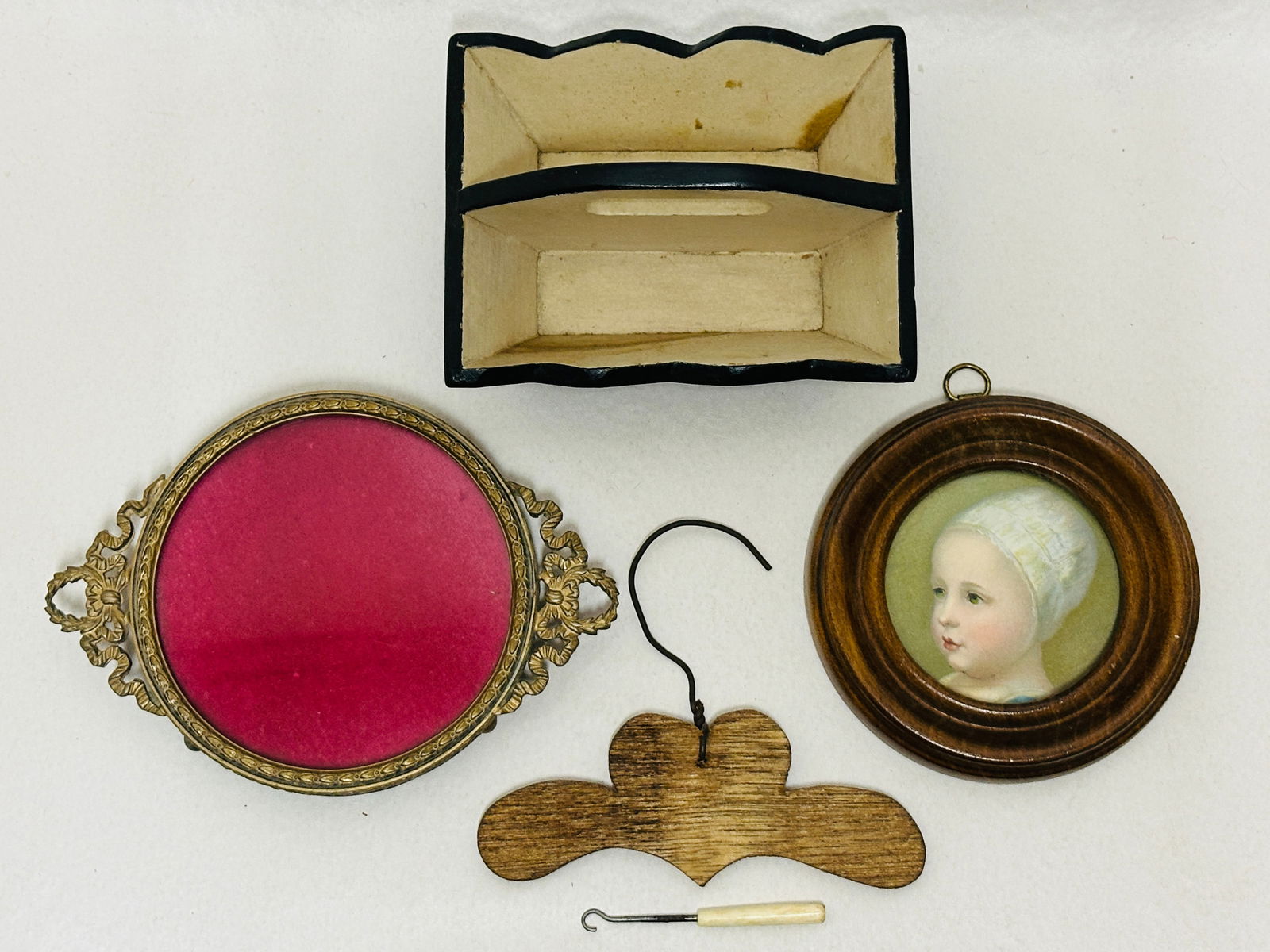 Framed Miniature Portrait, Doll size Tray and Button Hook (1 of 4)