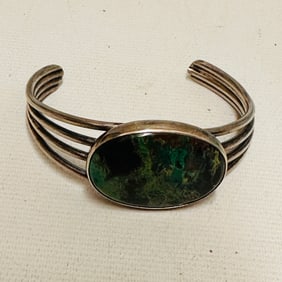 Sterling Silver Cuff Bangle with Green Stone