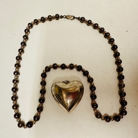 Beaded Necklace and Puff Heart Plated Silver pieces