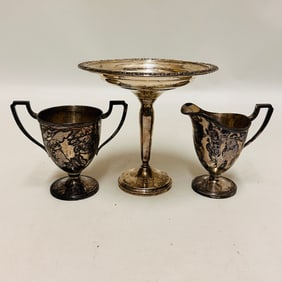 Sterling Silver weighted Compote with Silver plated Creamer and Sugar