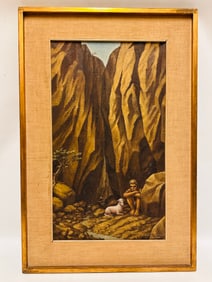 Rafael Navarro, Oil on Canvas, Boy and Lamb in Canyon