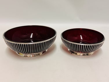 Silver plated Gorham Wire Bowls with Ruby Red Glass Inserts