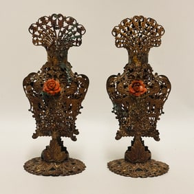 Ornate Pair of Metal Filigree Perfume Bottles
