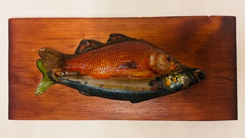 Reverse Painting on Blown Glass Two Fish mounted on Wood Plaque