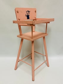Vintage Mid Century pink painted wooden doll highchair