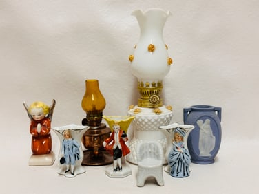 Group of Miniature Lamps, Porcelain Vases and Figurines