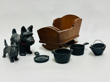 Grouping Doll Cradle, Scottie Dogs and Cast Iron Pieces