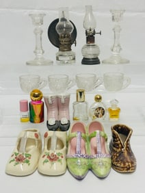 Group of Miniature Lamps, Cups and Decorative Ceramic Shoes