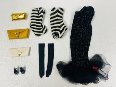 Vintage Barbie Striped Bathing Suit and 982 Black Dress Doll Clothes