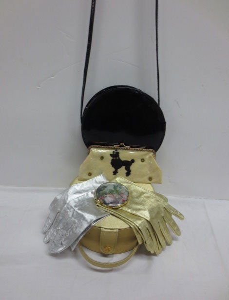 Vintage Ladies' Accessories: Vintage Ladies' Accessories - includes gold lame gloves, silver lame gloves, compact, round gold bag and black patent look purse with long strap. Selling the contents of a Vintage/Designer Consignment