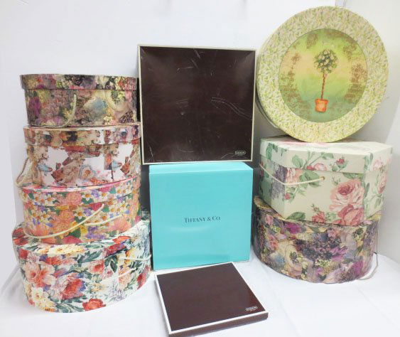 Seven (7) Hatboxes with Coach and Tiffany boxes: Seven (7) Hatboxes with 3 other Designer Label boxes, Coach and Tiffany ___Selling the contents of a Vintage/Designer Consignment Store___ SHIPPING NOTE: THE AUCTION HOUSE WILL SHIP ANY LOT THAT FITS