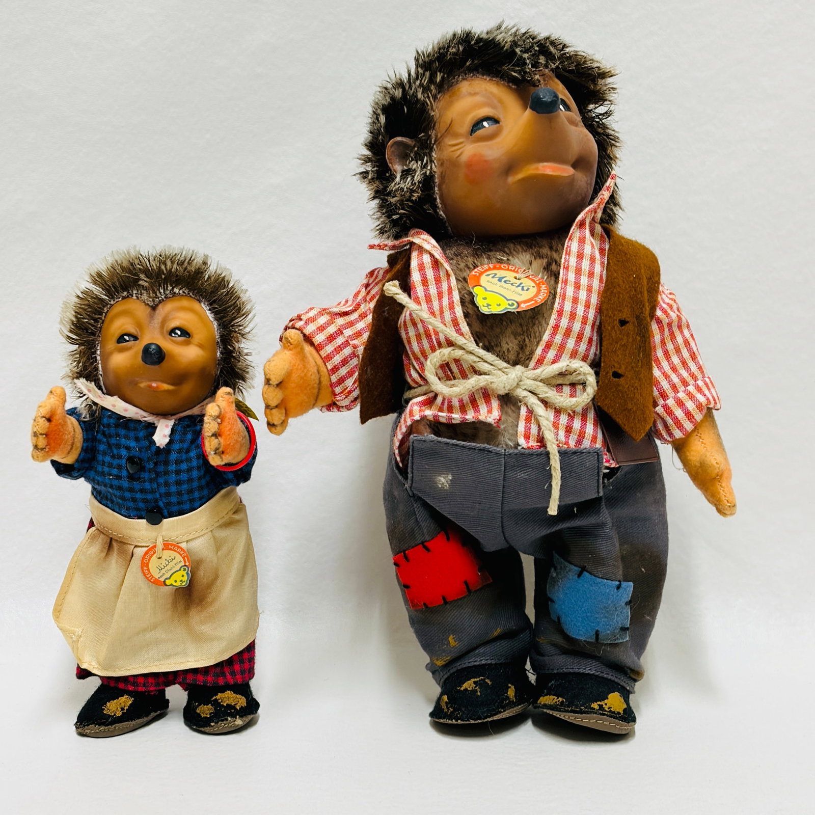 Steiff Mecki and Micki Hedgehog Dolls: Steiff Mecki and Micki Hedgehog Dolls ------------------ please review all pictures carefully because they are part of the description and show condition issues if any ------------------ please