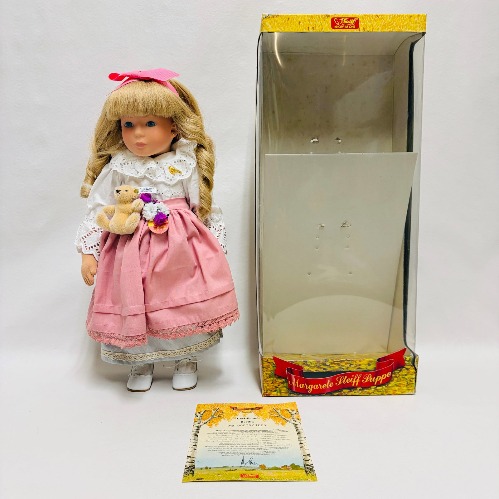 Margarete Steiff Doll Bertha with mini mohair Teddy Bear, Limited Edition (1 of 13)