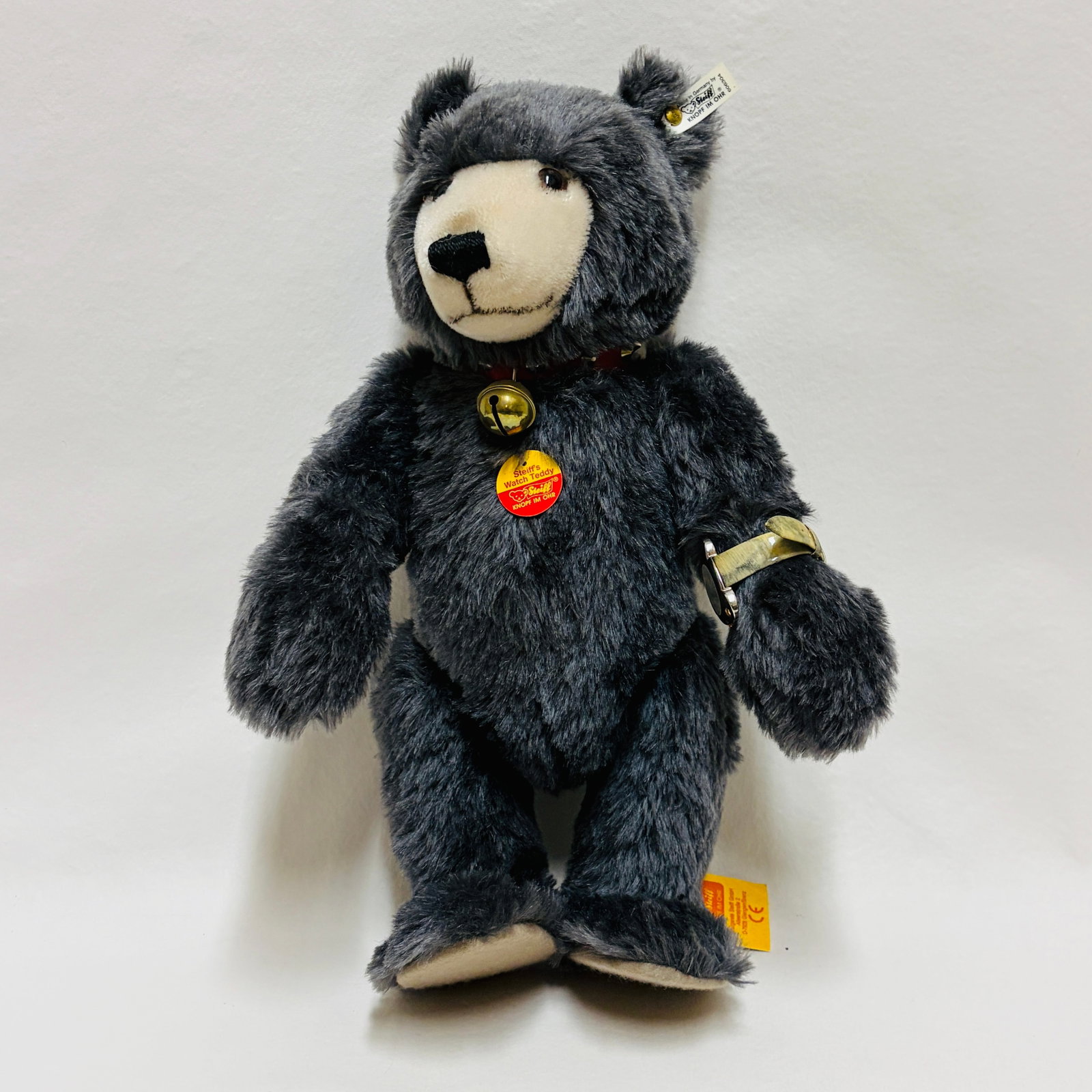 Steiff Watch Charcoal Mohair Teddy Bear with Wristwatch: Steiff Watch Charcoal Mohair Teddy Bear with Wristwatch ------------------ please review all pictures carefully because they are part of the description and show condition issues if any --------------