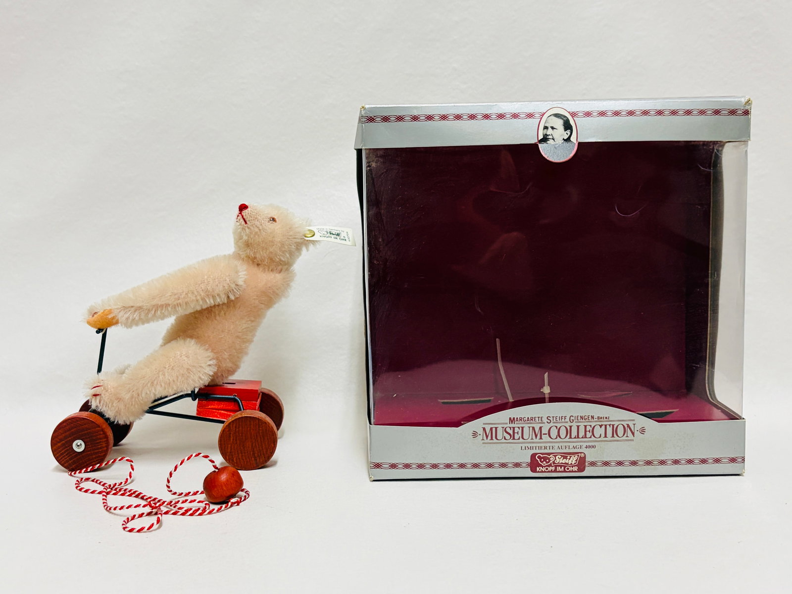 Steiff Museum Collection 1913 Record Teddy Rose on Riding Toy, replica: Steiff Museum Collection 1913 Record Teddy Rose on Riding Toy, replica ------------------ please review all pictures carefully because they are part of the description and show condition issues if any