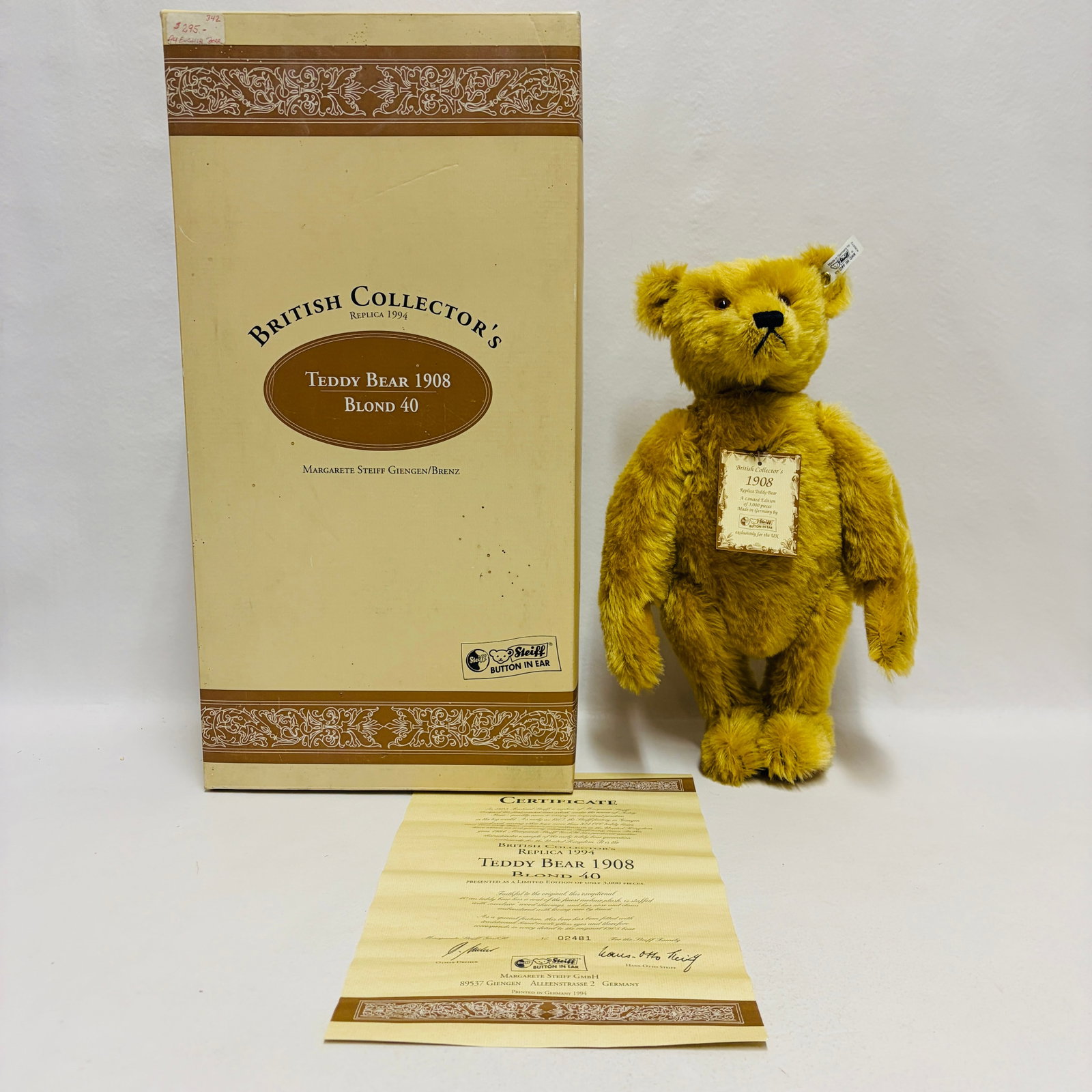 Steiff 1908 British Collectors Teddy Bear, Limited Edition, replica: Steiff 1908 British Collectors Teddy Bear, Limited Edition, replica ------------------ please review all pictures carefully because they are part of the description and show condition issues if any --