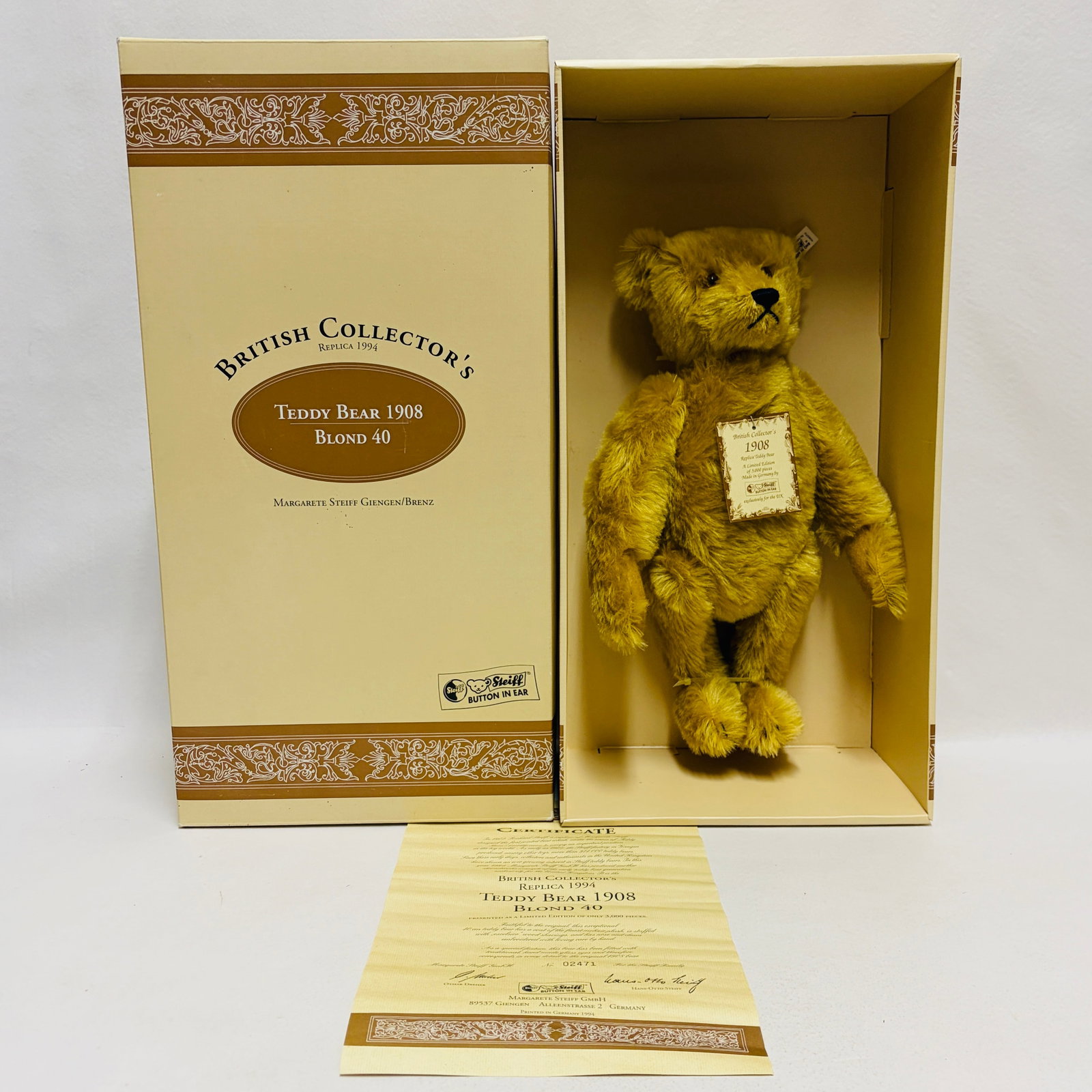Steiff 1908 British Collectors Teddy Bear, Limited Edition, replica: Steiff 1908 British Collectors Teddy Bear, Limited Edition, replica ------------------ please review all pictures carefully because they are part of the description and show condition issues if any --